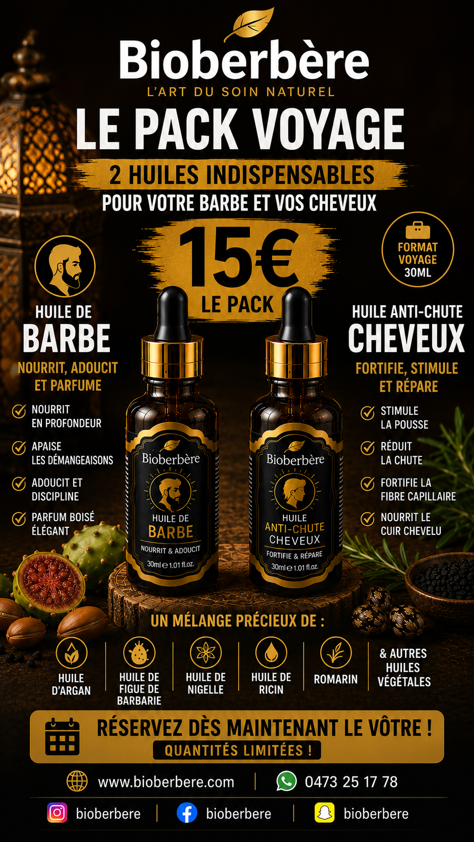 Pack Voyage Barbe & Cheveux Bioberbère – 2 Huiles Naturelles 30 ml